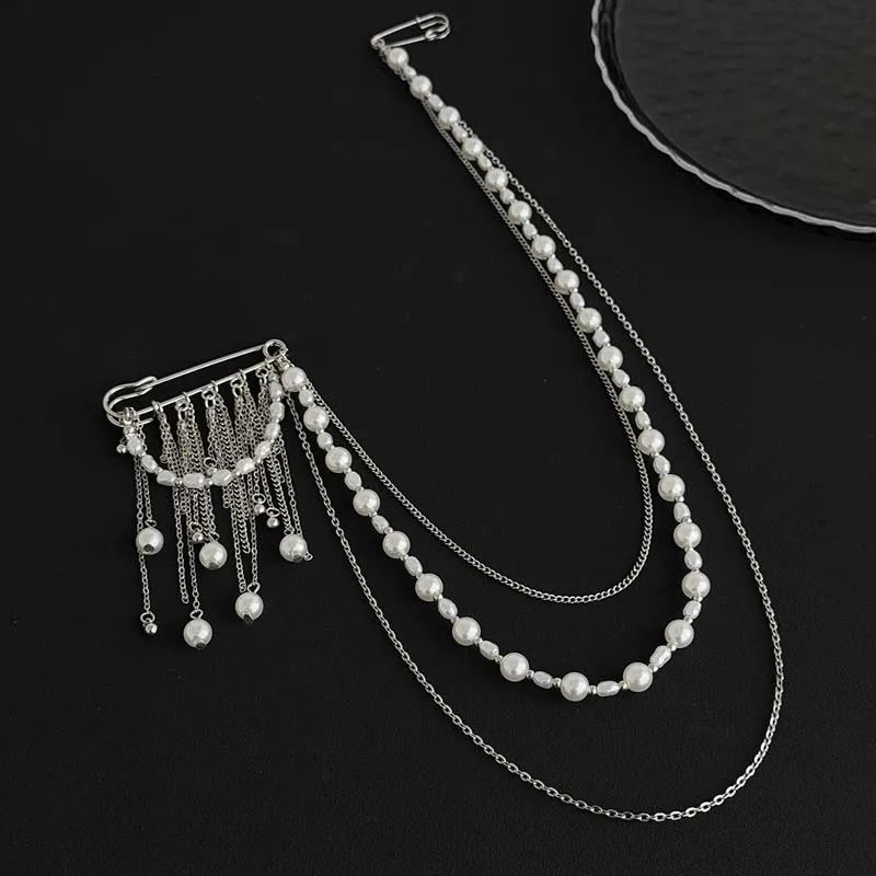 2026 New Fashion Imitation Pearl Tassel Brooch for Women Punk Hip Hop Metal Long Chain Double Pins Brooches Suit Jewelry