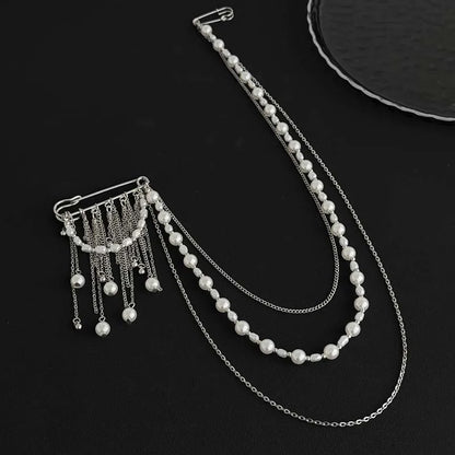 2026 New Fashion Imitation Pearl Tassel Brooch for Women Punk Hip Hop Metal Long Chain Double Pins Brooches Suit Jewelry