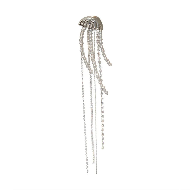 Fashion Silver Color Pearl Jellyfish Brooch For Women Exquisite Rhinestones Long Tassel Suit Pin Brooches Party Accessories