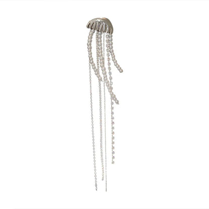 Fashion Silver Color Pearl Jellyfish Brooch For Women Exquisite Rhinestones Long Tassel Suit Pin Brooches Party Accessories