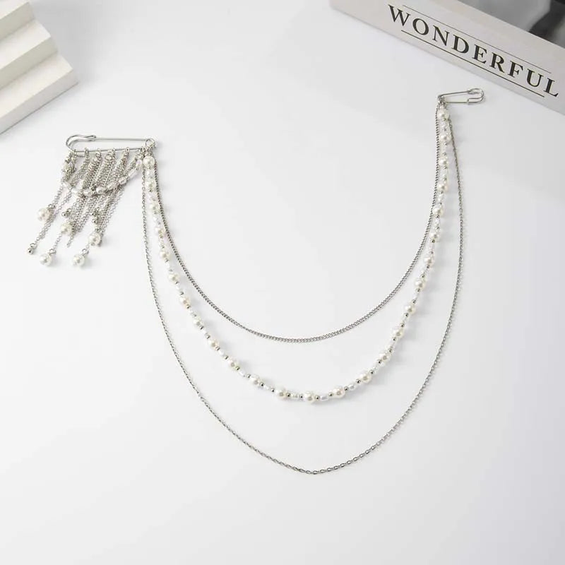 2026 New Fashion Imitation Pearl Tassel Brooch for Women Punk Hip Hop Metal Long Chain Double Pins Brooches Suit Jewelry