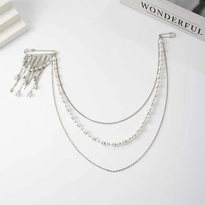 2026 New Fashion Imitation Pearl Tassel Brooch for Women Punk Hip Hop Metal Long Chain Double Pins Brooches Suit Jewelry