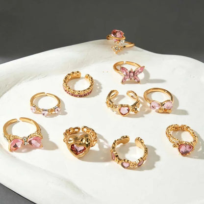 10Pcs/Set Y2K Pink Zircon Heart Bowknot Open Rings Set for Women Fashion Metal Irregular Adjustion Finger Ring Wedding Jewelry