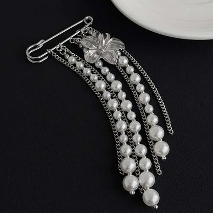 Fashion Metal Flower Pearl Tassel Chain Brooch For Women Exaggerated Multilayer Pants Chain Charm Brooches Jewelry Accessories