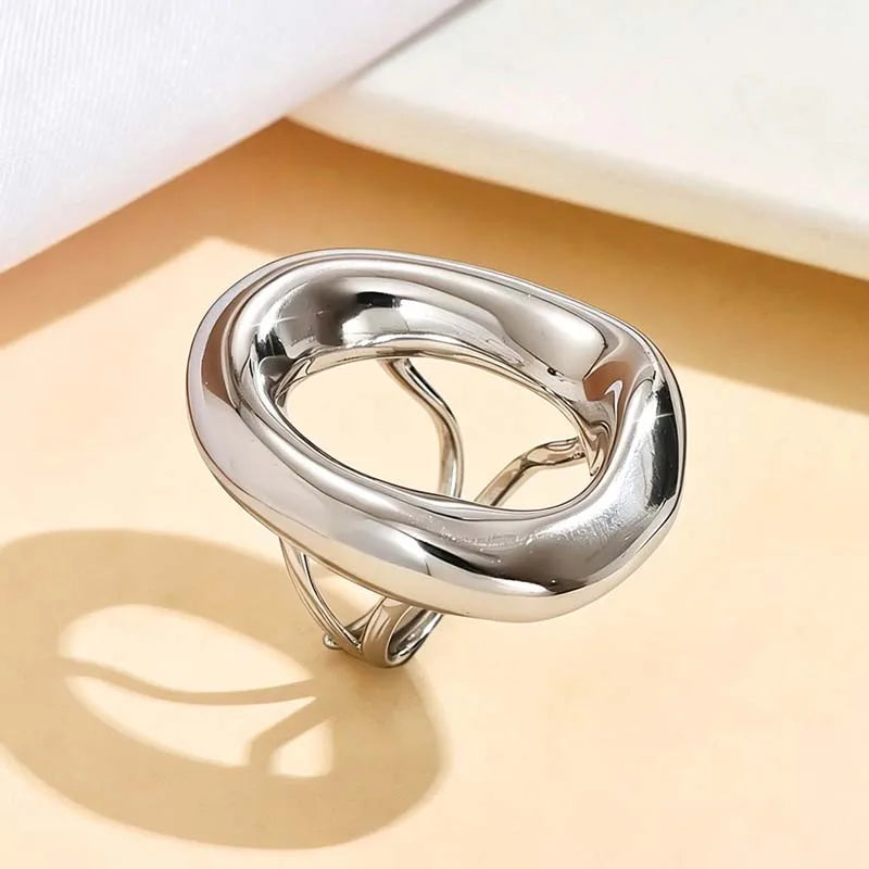 Stainless Steel Metal Hollow Irregular Open Rings For Women Exaggerated Gold Color  Geometric Chunky Ring Jewelry Gifts