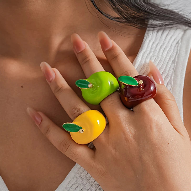 Creative Colorful Drip Oil Apple Ring for Women Personality Fashion Cartoon Fruit rings Design Sense Finger Ring Jewelry