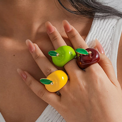 Creative Colorful Drip Oil Apple Ring for Women Personality Fashion Cartoon Fruit rings Design Sense Finger Ring Jewelry