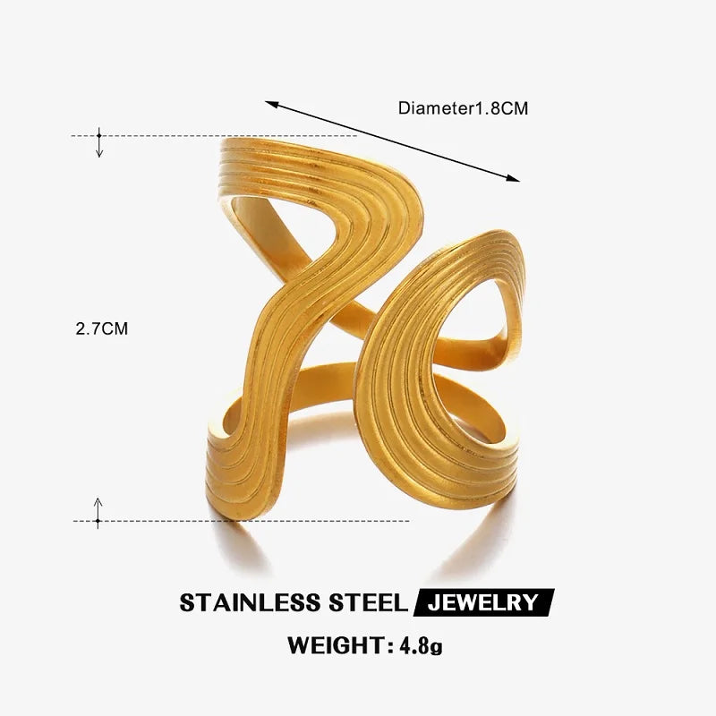 Stainless Steel Metal Irregular Line Open Rings For Women Minimalist Gold Color Geometric Curved Adjustable Ring Jewelry Gift