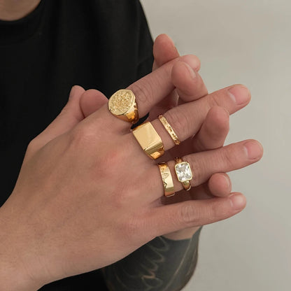 5Pcs/set Hip-Hop Punk Metal Zircon Ring Set for Men Retro Metal Art Carved Zircon Inlaid Rings Casual Trendy Jewelry Wear Gifts