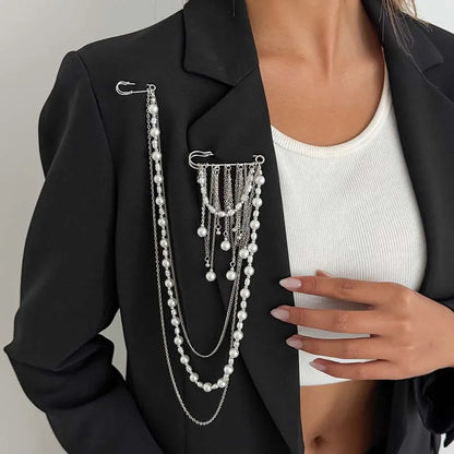 2026 New Fashion Imitation Pearl Tassel Brooch for Women Punk Hip Hop Metal Long Chain Double Pins Brooches Suit Jewelry
