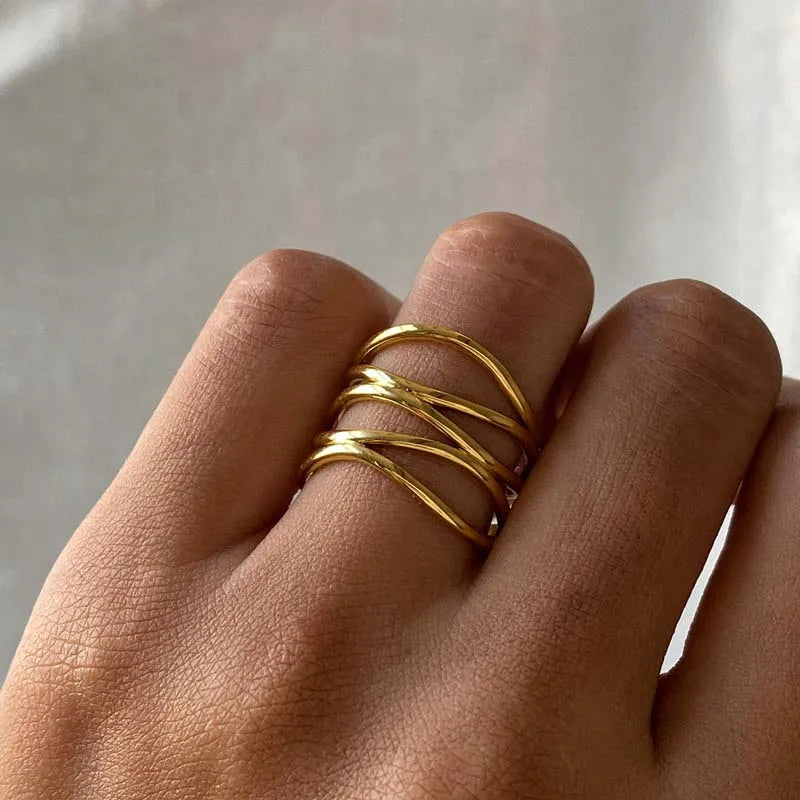 Stainless Steel Metal Irregular Line Open Rings For Women Minimalist Gold Color Geometric Curved Adjustable Ring Jewelry Gift