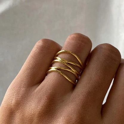 Stainless Steel Metal Irregular Line Open Rings For Women Minimalist Gold Color Geometric Curved Adjustable Ring Jewelry Gift