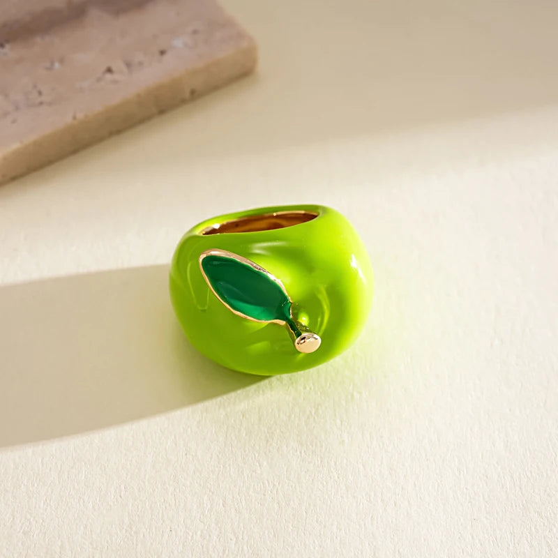 Creative Colorful Drip Oil Apple Ring for Women Personality Fashion Cartoon Fruit rings Design Sense Finger Ring Jewelry