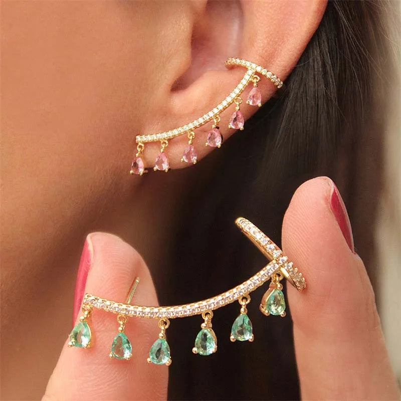 Fashion Teardrop Tassels Curved Stud Earrings For Women Elegant Pink Shiny Zircon Earrings Wedding Jewelry Accessories