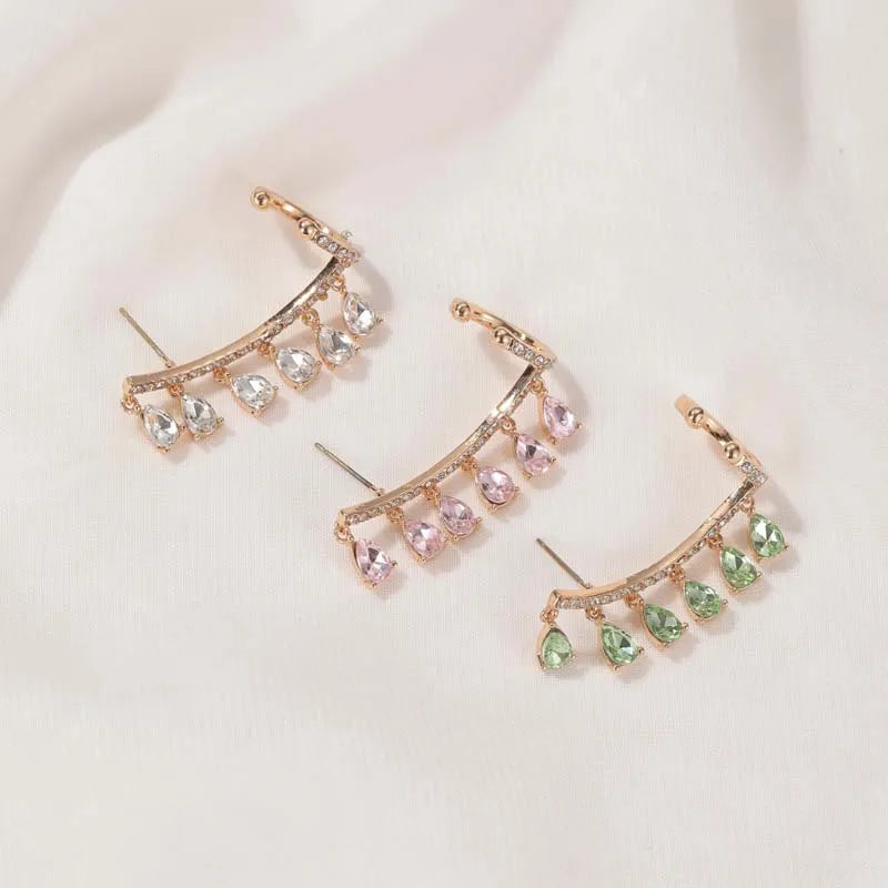 Fashion Teardrop Tassels Curved Stud Earrings For Women Elegant Pink Shiny Zircon Earrings Wedding Jewelry Accessories