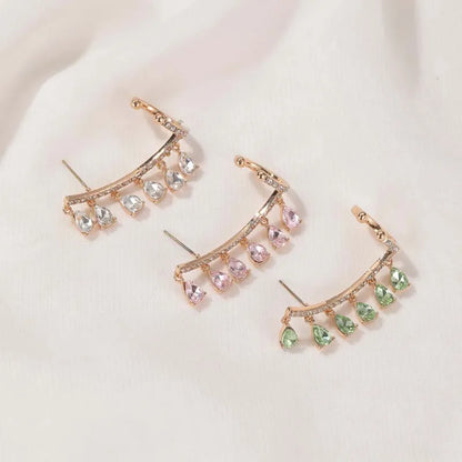 Fashion Teardrop Tassels Curved Stud Earrings For Women Elegant Pink Shiny Zircon Earrings Wedding Jewelry Accessories
