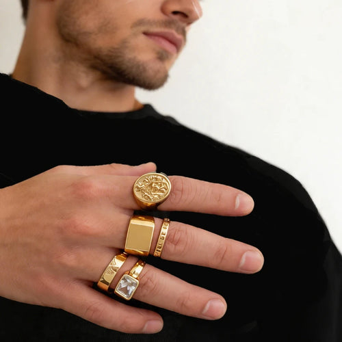 5Pcs/set Hip-Hop Punk Metal Zircon Ring Set for Men Retro Metal Art Carved Zircon Inlaid Rings Casual Trendy Jewelry Wear Gifts