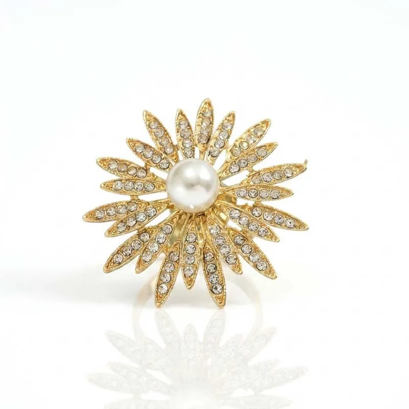 Exaggerated Gold Color Sunflower Open Rings for Women Luxury Full Rhinestones Imitation Pearl Flower Ring Wedding Jewelry Gifts