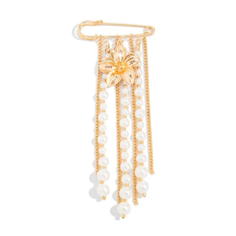 Fashion Metal Flower Pearl Tassel Chain Brooch For Women Exaggerated Multilayer Pants Chain Charm Brooches Jewelry Accessories