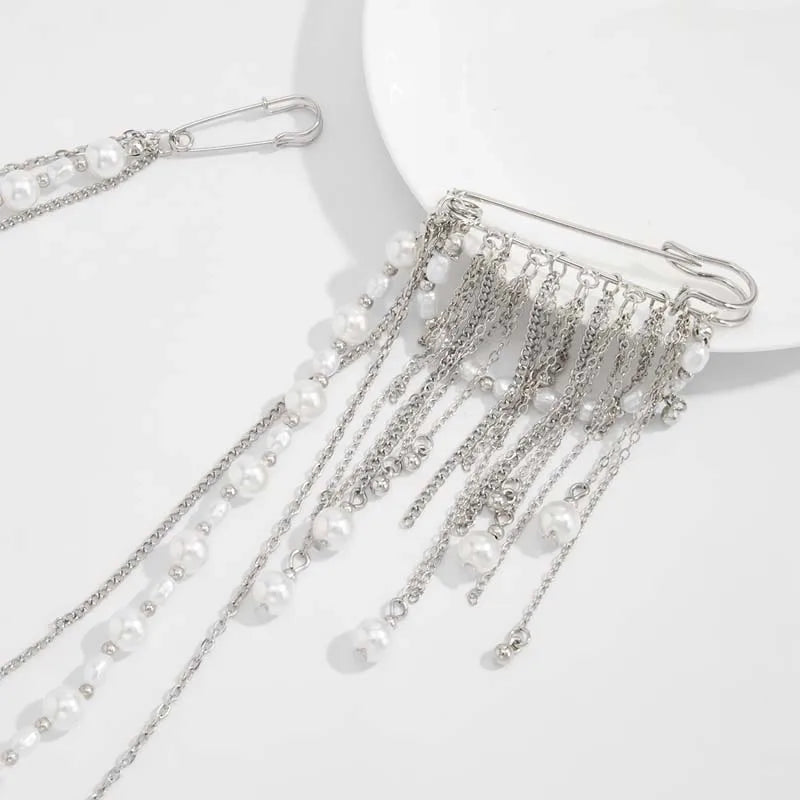 2026 New Fashion Imitation Pearl Tassel Brooch for Women Punk Hip Hop Metal Long Chain Double Pins Brooches Suit Jewelry