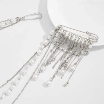 2026 New Fashion Imitation Pearl Tassel Brooch for Women Punk Hip Hop Metal Long Chain Double Pins Brooches Suit Jewelry