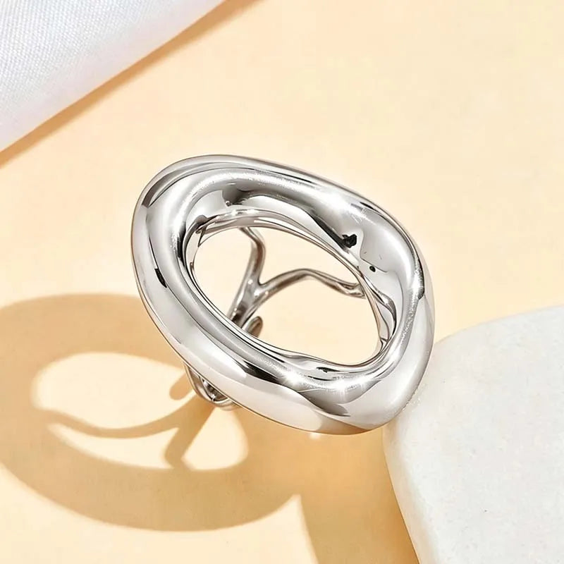 Stainless Steel Metal Hollow Irregular Open Rings For Women Exaggerated Gold Color  Geometric Chunky Ring Jewelry Gifts