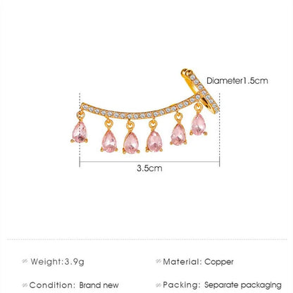 Fashion Teardrop Tassels Curved Stud Earrings For Women Elegant Pink Shiny Zircon Earrings Wedding Jewelry Accessories