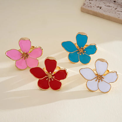 Fashion Colorful Drip Oil Flower Finger Rings for Women Sweet Metal Five Petal Floral Adjustable Ring Vacation Charms Jewelry