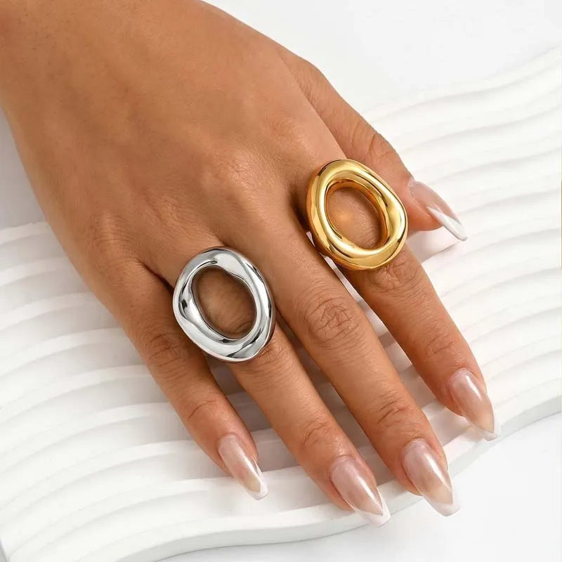 Stainless Steel Metal Hollow Irregular Open Rings For Women Exaggerated Gold Color  Geometric Chunky Ring Jewelry Gifts