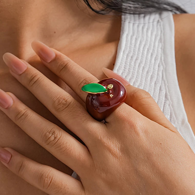 Creative Colorful Drip Oil Apple Ring for Women Personality Fashion Cartoon Fruit rings Design Sense Finger Ring Jewelry