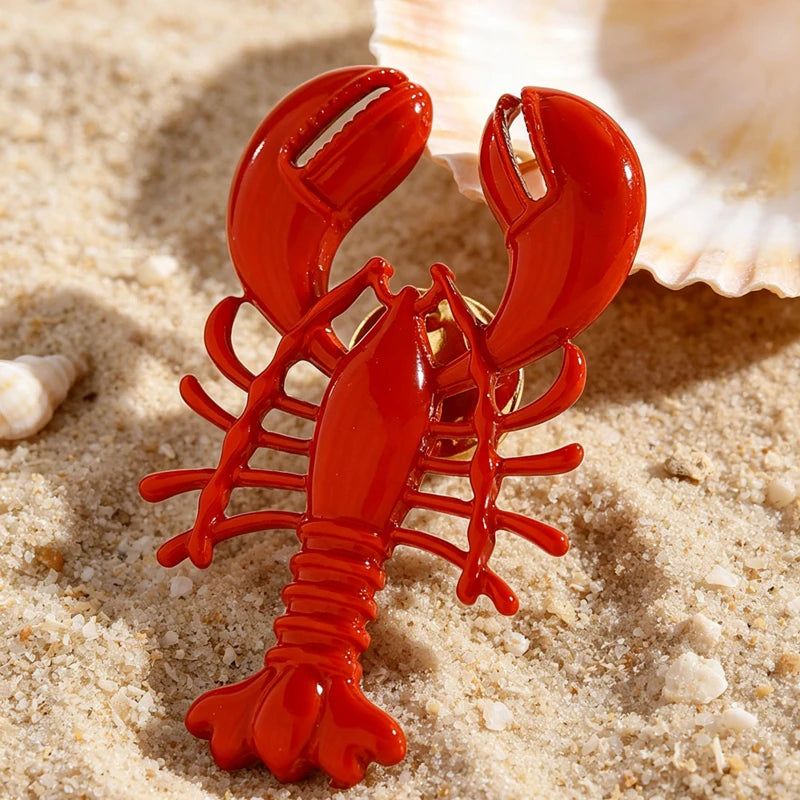 2026 New Summer Beach Red Lobster Brooch for Women Personality Metal Crab Animal Corsage Clothes Pin Party Accessories Gift