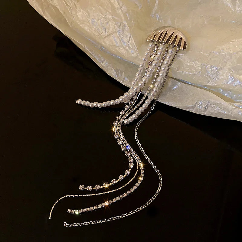 Fashion Silver Color Pearl Jellyfish Brooch For Women Exquisite Rhinestones Long Tassel Suit Pin Brooches Party Accessories