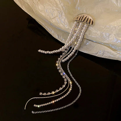 Fashion Silver Color Pearl Jellyfish Brooch For Women Exquisite Rhinestones Long Tassel Suit Pin Brooches Party Accessories