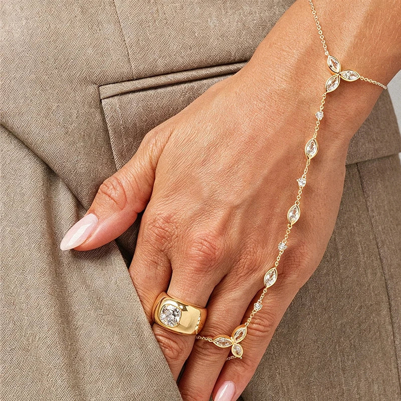 Trendy Stainless Steel Zircon Bracelet for Women Minimalist Water Droplet Long Chains Finger Bracelet Jewelry Gifts