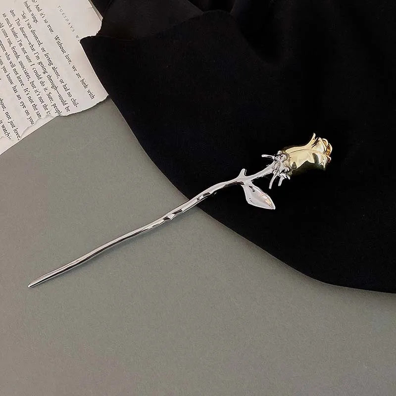 Punk Metal Rose Flower Hair Sticks Hairpins for Women Girls Vintage Chinese Style Flower Hair Clips Pins Hair Accessories