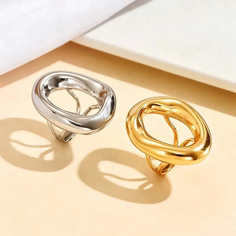 Stainless Steel Metal Hollow Irregular Open Rings For Women Exaggerated Gold Color  Geometric Chunky Ring Jewelry Gifts