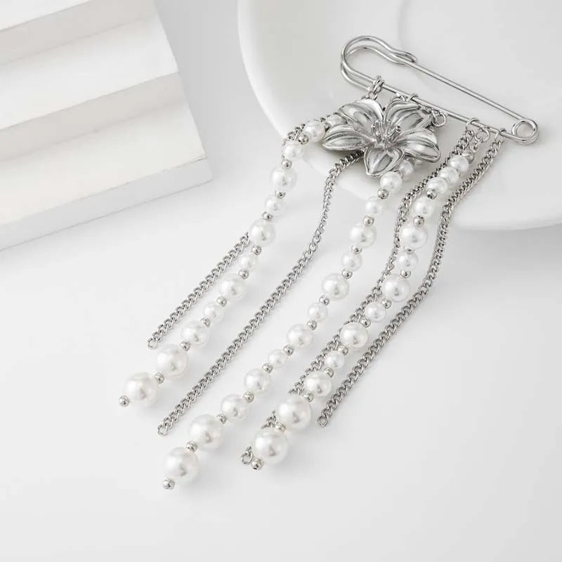 Fashion Metal Flower Pearl Tassel Chain Brooch For Women Exaggerated Multilayer Pants Chain Charm Brooches Jewelry Accessories