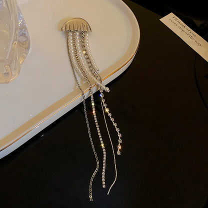 Fashion Silver Color Pearl Jellyfish Brooch For Women Exquisite Rhinestones Long Tassel Suit Pin Brooches Party Accessories