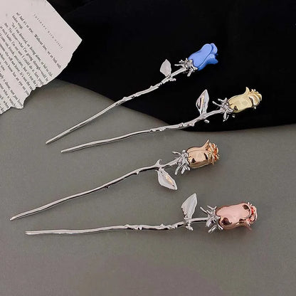 Punk Metal Rose Flower Hair Sticks Hairpins for Women Girls Vintage Chinese Style Flower Hair Clips Pins Hair Accessories