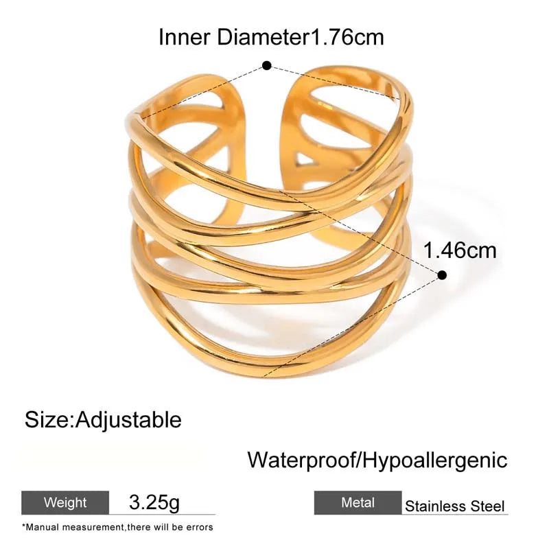 Stainless Steel Metal Irregular Line Open Rings For Women Minimalist Gold Color Geometric Curved Adjustable Ring Jewelry Gift