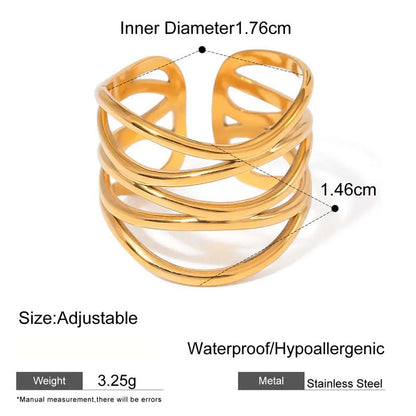 Stainless Steel Metal Irregular Line Open Rings For Women Minimalist Gold Color Geometric Curved Adjustable Ring Jewelry Gift