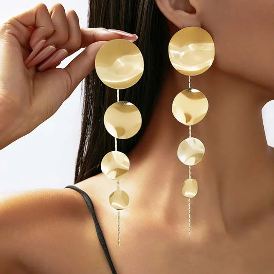 Exaggerated Metal Round Long Tassel Drop Earrings for Women Vintage Gold Color Circular Geometric Dangle Earrings Jewelry Gifts