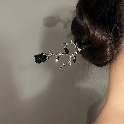 2026 New Chinese Hairpin Hair Stick Rose Flower Crystal Branch Metal Texture Vintage Hair Accessories for Women Headwear Jewelry