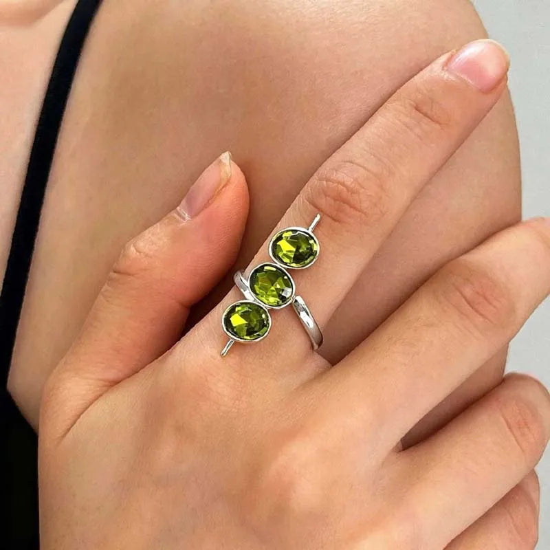 Luxury Green Zirconia Open Ring for Women Exquisite Crystak Bead Shaped Geometric Adjustable Ring Party Jewelry Gifts