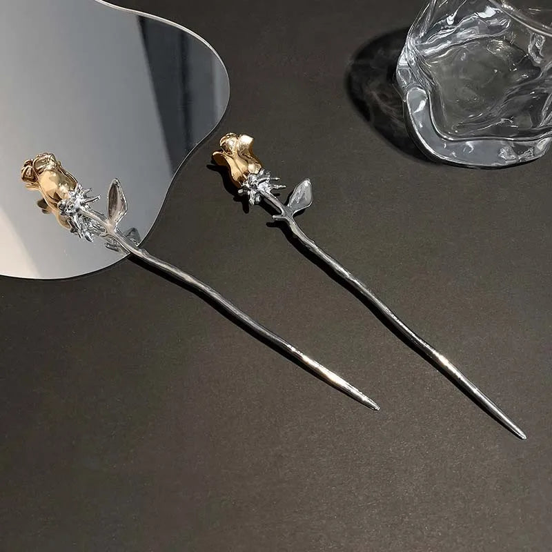 Punk Metal Rose Flower Hair Sticks Hairpins for Women Girls Vintage Chinese Style Flower Hair Clips Pins Hair Accessories