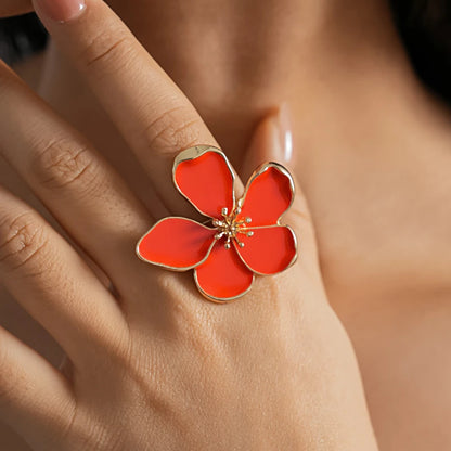 Fashion Colorful Drip Oil Flower Finger Rings for Women Sweet Metal Five Petal Floral Adjustable Ring Vacation Charms Jewelry