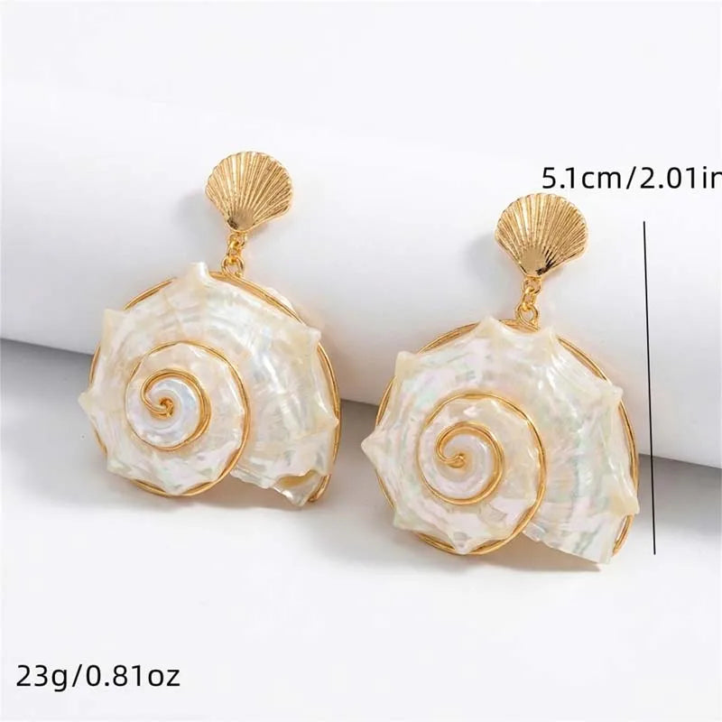 Bohemian White Shell Conch Pendant Earrings For Women Exaggerated Metal Spiral Seashell Dangle Earrings Beach Jewelry Gifts