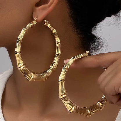 Exaggerated Large Bamboo Joint Hoop Earrings For Women Fashion Gold Color Circle Round Geometric Earrings Jewelry Party Gifts