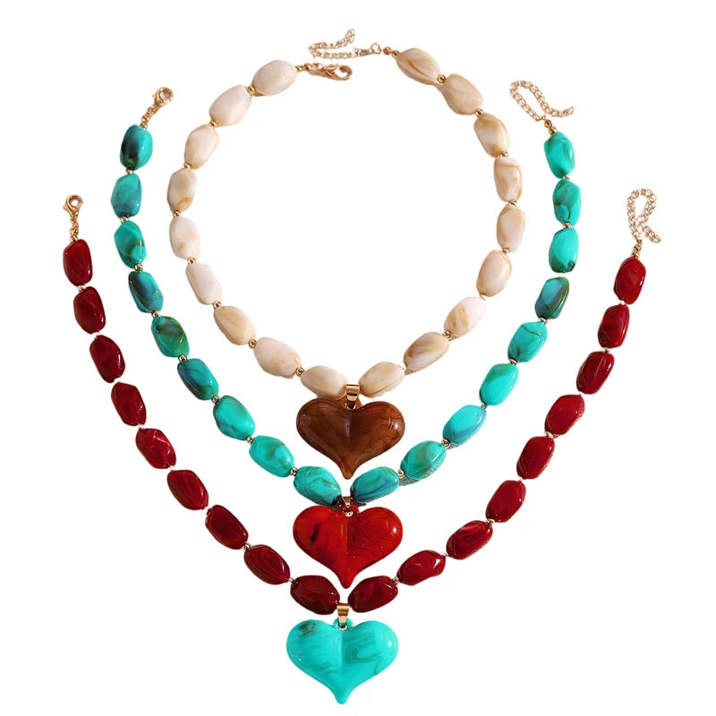 Exaggerated Colorful Resin Large Heart-Shaped Pendant Necklace for Women Vacation Style Irregular Beads Choker Necklaces Jewelry