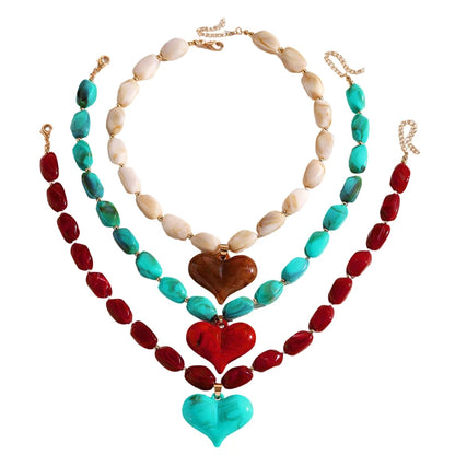 Exaggerated Colorful Resin Large Heart-Shaped Pendant Necklace for Women Vacation Style Irregular Beads Choker Necklaces Jewelry